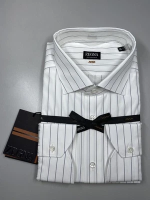 Camisa de vestir Zegna para hombre blanca/azul marino talla 18/46 Centoventimila a rayas abotonadas Foto 1 de 4