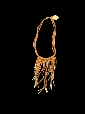 Faux Leather Fringe Statement Collar Necklace Brown Golden Tips Western Tribal - Image 1 of 4