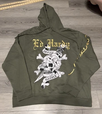 Ed Hardy Skull Death Or Glory 军队绿色套衫连帽衫 XL 码双面 — 第 1/4 张图片