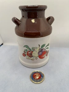 Vintage Glazed Ceramic Milk Jug W/ Handles - Brown/White Fruit, Apples 8" vtg. - Picture 1 of 4