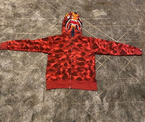 A BATHING APE (BAPE) Felpa con cappuccio doppia zip intera larga squalo tigre mimetica colore BAPE