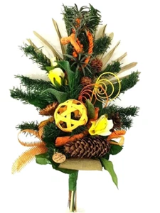 Grabschmuck Grabstrauß Trockenblumen grüne Calla künstliche Tanne Exoten flach - Bild 1 von 11