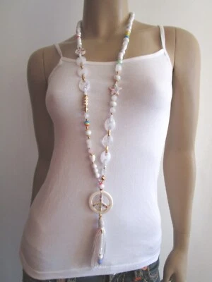 Hippie Modekette Damen Hals Kette lang Weiss Pastell Peace Festival Ibiza Boho - Bild 1 von 4