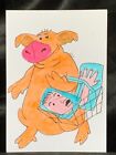 Original Aceo Piggy Shoping Ink Line Art Medium Marker On Paper Signed By Artist