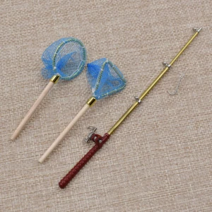 Dollhouse Miniature Wood Alloy Fishing Rod + Fishing Net Doll House Decoration - Picture 1 of 5