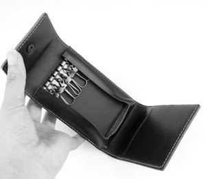 men women key case Rings card holder pocket cow Leather pouch bag black W302 - Picture 1 of 5