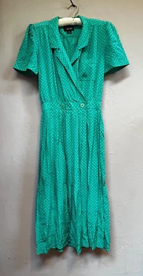 Vestido Nordstrom Point Of View Vintage Verde Bolinhas Seda Plissado Faux Wrap 8 - Imagem 1 de 4