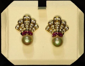 Vintage Nolan Miller Fächer Ohrringe mit Perlen & Strass - Bild 1 von 7