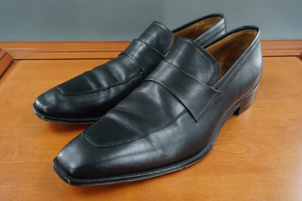 Barneys New York Mens Sz 12 Dress Shoes Black Leather Slip On Apron Toe Loafers - Image 1 of 4