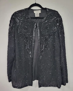 Papell Boutique Black Sequins Beads Open Front Silk Evening Jacket Womens XL - Picture 1 of 14