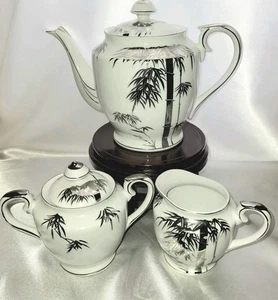 Crema tetera de porcelana pintada a mano Kutani de colección + azucarero plateado bambú - Imagen 1 de 11