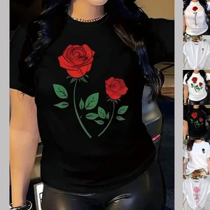 Rose Printed T-shirt Breathable Cotton Fabric Loose Fit Style Spring Collection - Picture 1 of 24