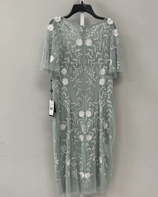Adrianna Papell Pale Blue Beaded Midi Dress Flutter Sleeve Med 12 Sheer Floral - Image 1 of 4