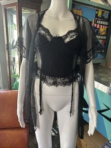 VTG Lingerie Set 80s 90s Black Mesh & Lace Teddy w/ Garters & Robe NO TIE BELT - Picture 1 of 14