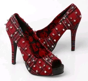 ABBEY DAWN + Avril Lavigne rot kariert Spikes Plateau Peeptoe 8 Sammlerstück Punk - Bild 1 von 15