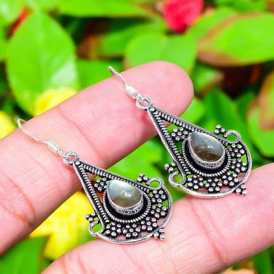 Labradorite Gemstone Handmade 925 Sterling Silver Jewelry Earring 1.97" H112 - Image 1 of 4