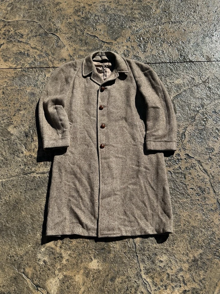 VTG Harris Tweed Overcoat Mens 48 XL Brown Herringbone Handwoven Wool Tr G2U - Image 1 of 4