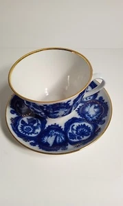 Lomonosov Tea Cup and Saucer Cobalt Blue with Gold Accent Peacock Design - Picture 1 of 12