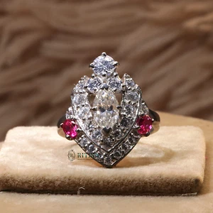 Marquise And Round Cut Moissanite 925 Silver Art Deco Engagement, Wedding Ring - Picture 1 of 5