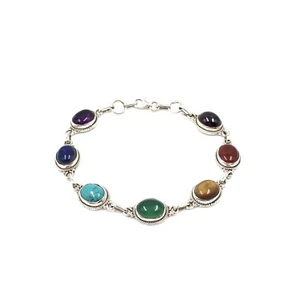 925 Silber Armband 18.5cm bunte Edelsteine Echt Schmuck rot blau grün rot türkis - Picture 1 of 24