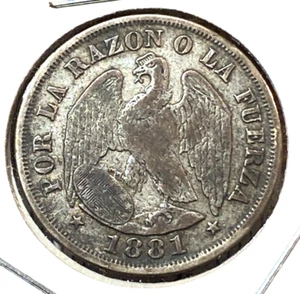 1881 Chile 20 Centavos Nice Original VF KM-138.2 CHRC - Picture 1 of 2