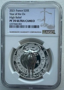 NGC PF70 France 2021 Year of Ox High Relief Silver Coin 1oz 20 Euro - Picture 1 of 7