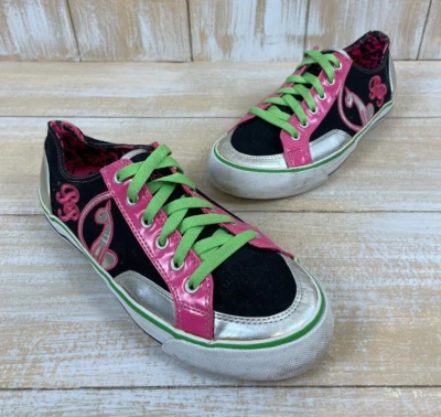 Tênis Y2K BABY PHAT Moda Top Baixo Feminino Tamanho 8 Neon e Prata com Cadarços Verdes - Imagem 1 de 4