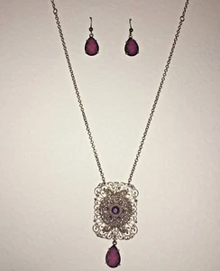 BEAUTIFUL RECTANGULAR ROSE GOLD PLATED FILIGREE PENDANT set PURPLE STONES 60cm - Picture 1 of 5