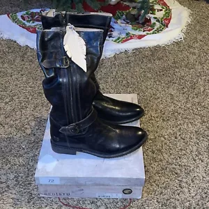 Bed Stu Gogo Lug Knee High Leather Boots Black Rustic Distressed Buckle Size 11 - Picture 1 of 11