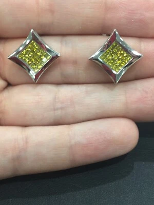 14k White Gold Yellow Invisible Set Diamond Earrings 1.50CT - Image 1 of 4