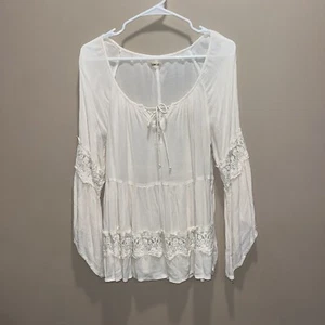 Hollister Sheer Cream Bell Sleeve Crochet Top M Boho Cottagecore Angel Coquette - Imagen 1 de 12