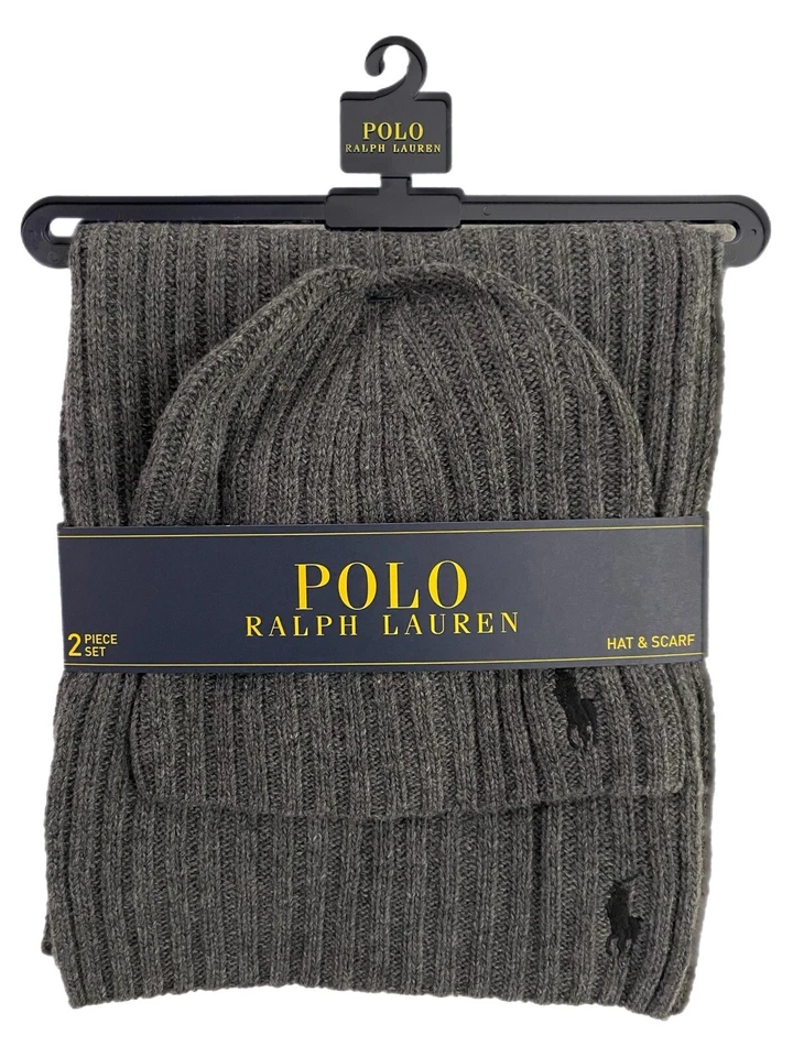 Polo Ralph Lauren Homme 2 Pièce Ensemble Chapeau & Écharpe Gris Agneau Mélange - Photo 1/1