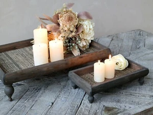 Tablett Holz Rattan groß auf Füßen 58x40 cm Dekotablett Rattan Shabby Vintage - Bild 1 von 2