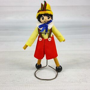 Vintage Handmade Pinocchio Clothespin 4.5" Doll w/ Stand Wood & Fabric