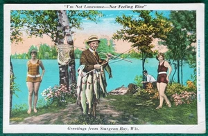 c1920's Greetings Sturgeon Bay Door Country Wisconsin Postcard Fishing Bathing - Picture 1 of 2