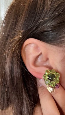 Retro 14ct Peridot, Green Sapphire & Tourmaline Earrings 18K Yellow Gold 16.2tcw - Image 1 of 4