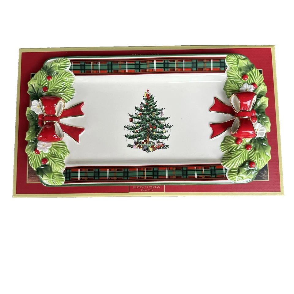 Spode Christmas Tree Tartan Tray 12 In. Tray Bows & Holly Dolomite Handles - Image 1 of 4