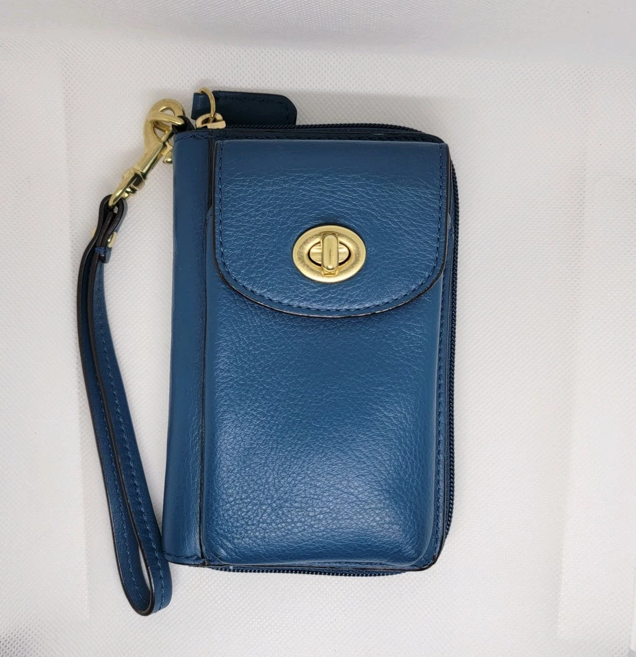 Cartera Muñequera COACH Campbell Universal con Cremallera Alrededor Cuero Bloqueo Giratorio - Azul Usada en Excelente Condición Foto 1 de 4