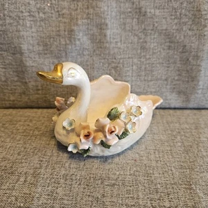 Vintage Norcrest Porcelain White Gold Swan Applied Flowers Planter Dish Granny - Picture 1 of 8