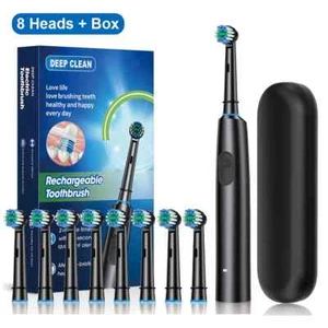 Rotary Electric Toothbrush Rechargeable Toothbrushes Rotating Soft Brushs Heads, - Picture 1 of 18