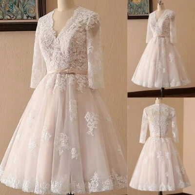 Blush Pink Short Wedding Dress Long Sleeves Lace Appliques A Line Bridal Gowns - Image 1 of 4