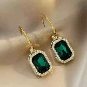 3Ct Emerald Cut Lab-Created Emerald Drop Dangle Earring 14k White Gold Plated - Picture 1 of 6