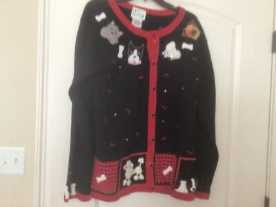 Quacker Factory Embroidered Beaded Dog Poodle Cardigan Sweater Black Women Sz L - Image 1 of 4