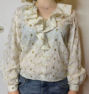 Vintage 1970s Cascade Ruffle Cotton Blouse Gold Silve Embroidery Dandy Mod AU 12 - Picture 1 of 11