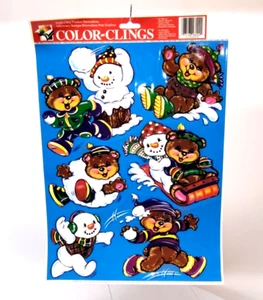 Vintage Color Clings Window Static Christmas Bears & Snowman - Picture 1 of 6