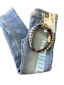 Girls Skinny Fit Jean Sz S 6/6X Denim & Black White Checked Headband 22W X 19L - Picture 1 of 6