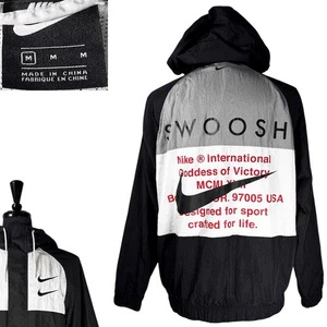 Vintage 90s Nike Double Swoosh Windbreaker Jacket Black Hooded Spell Out Medium - Picture 1 of 10