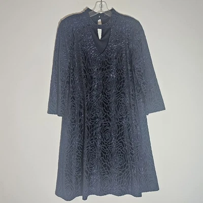 Sandra Darren Dress Womens 14 Navy Blue Floral Velvet V Neck Holiday Formal Nice - Image 1 of 4