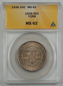 1936 York County Commemorative Silver Half ANACS MS 62 Light Toning (Better) - Picture 1 of 1