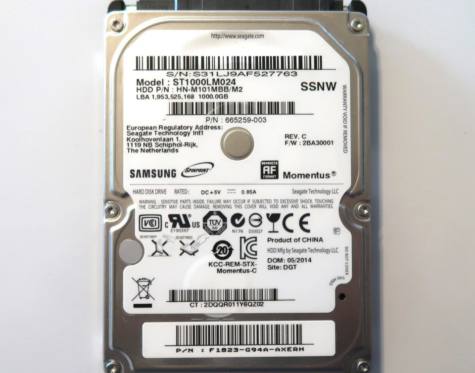 Samsung ST1000LM024 HN-M101MBB/M2 2BA30001 (S31) F1823-G94A SSNW 1TB 05/2014 - Image 1 of 1